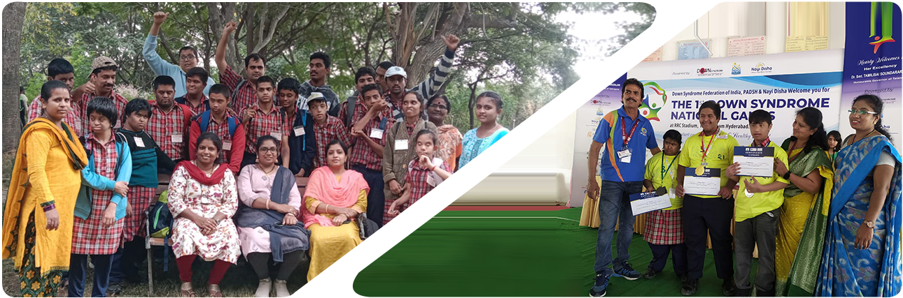 students participating in an outing at a park and Students receiving awards and recognition in a sports event